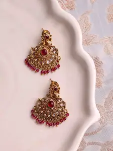 PANASH Gold-Plated Contemporary Stone Studded & Beaded Drop Earrings