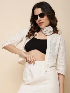 UnaOne Geometric Embroidered Cotton Lace Open Front Shrug