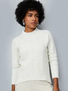 max Women Self Design Mock Collar Pullover Sweater