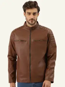 Leather Retail Men Mandarin Collar Solid Casual Biker Jacket