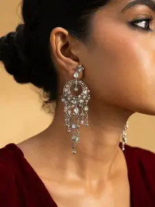 SHAYA 925 Sterling Silver Oxidised Stone Studded Contemporary Chham Drop Earrings