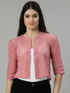 UnaOne Geometric Embroidered Cotton Lace Open Front Shrug