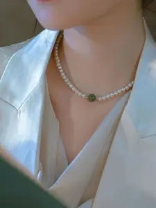 MYKI Gold-Plated Stainless Steel Elegant Pearl & Jade Accent Beaded Statement Necklace