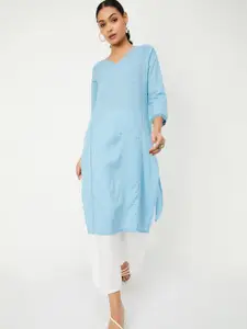 max Striped Embroidered V Neck Cotton Straight Kurta