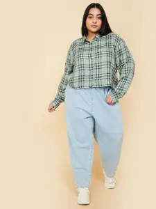 max Women Plus Size Spread Collar Tartan Checked Casual Shirt