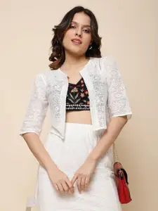 UnaOne Geometric Embroidered Cotton Lace Open Front Shrug