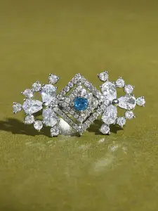 Voylla Aqua Rhodium-Plated American Diamond Studded Adjustable Finger Ring