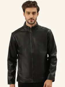 Leather Retail Men Mandarin Collar Solid Casual Biker Jacket