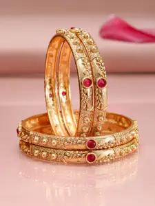 Rubans Set of 4, 18K Gold-Plated Ruby Red Stone Studded Traditional Bangles
