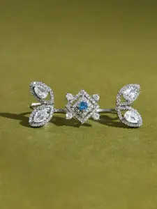 Voylla Haunani Rhodium-Plated American Diamond-Studded Adjustable Finger Ring