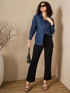 Kibo Women Spread Collar Solid Cotton Relaxed Fit Casual Shirt