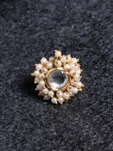 PANASH Gold Plated Kundan Studded & Beaded Finger Ring