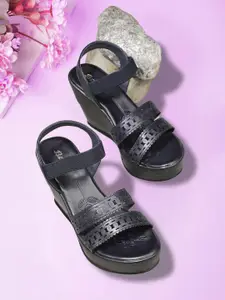 Bata Women Textured PU Wedge Sandals with Laser Cuts