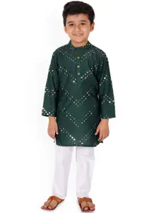 Superminis Boys Geometric Embroidered Mirror Work Straight Kurta With Pyjama