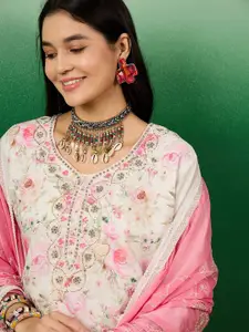 Sangria Floral Embellished Beads and Stones Unstitched Dress Material