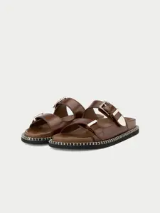 Oroh Women Leather Open Toe Flats with Buckles Details