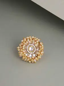 PANASH Gold-Plated Kundan Stone-Studded & Beaded Adjustable Finger Ring