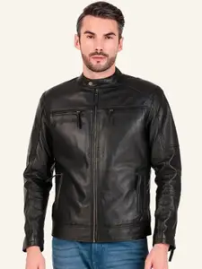 Leather Retail Men Mandarin Collar Solid Leather Casual Leather Jacket