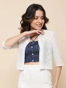 UnaOne Floral Embroidered Lace Cotton Crop Open Front Shrug