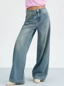 FREAKINS Women Loose Wide Leg High-Rise Serene Wave Light Fade Cotton Jeans