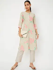 max Floral Striped Three Quarter Sleeves Pocket Detailing Cotton Straight Kurta