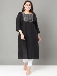 Sztori Plus Size Floral Yoke Design Mirror Work Straight Kurta