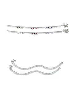 Heer Collection Set Of 2 Silver-Plated Stone Studded Anklets