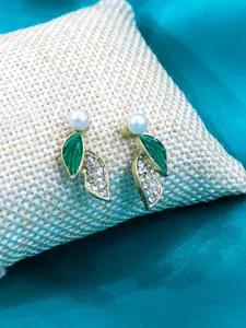 VAGHBHATT Gold-Plated Stainless Steel Crystals Studded & Pearls Beaded Leaf Shaped Studs
