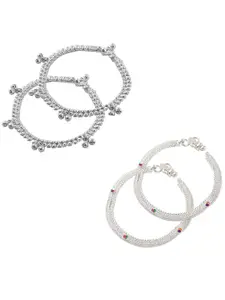 Heer Collection Set Of 2 Silver-Plated Stone Studded Anklets
