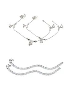 Heer Collection Set Of 2 Silver-Plated Stone Studded Anklets