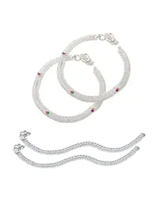 Heer Collection Set Of 2 Silver-Plated Stone Studded Anklets