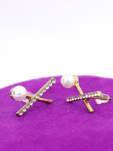 KRENOZ Gold-Plated Stainless Steel Pearl X Shaped Studs