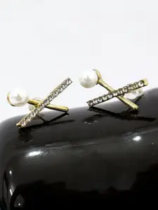 VAGHBHATT Gold-Plated Stainless Steel Stone Studded & Pearls Beaded X Shaped Studs