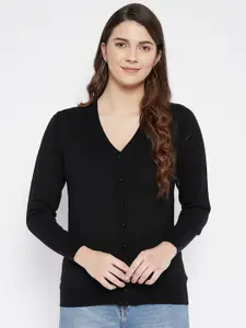 Zigo Women Woollen Black Cardigan V Neck Full Sleeves Front Open Sweaters