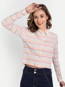 CHARMGAL Women Classic Spread Collar Horizontal Striped Cotton Slim Fit Casual Shirt