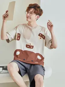 StyleCast Brown Graphic Printed Round Neck Short Sleeves Casual T-Shirt With Shorts