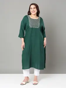Sztori Plus Size Floral Yoke Design Thread Work Straight Kurta