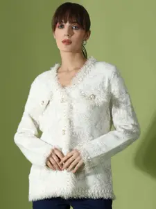 KALINI Floral Self Design V-Neck Woollen Pullover