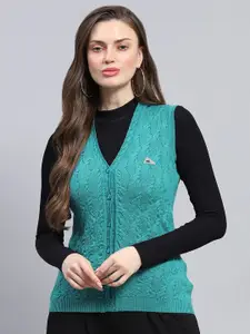 Monte Carlo Women Self Design Cable Knit Woollen V- Neck Cardigan Sweater