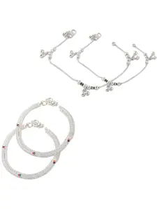 Heer Collection Set Of 2 Silver-Plated Stone Studded Anklets