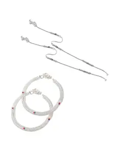 Heer Collection Set Of 2 Silver-Plated Stone Studded Anklets