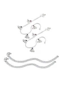 Heer Collection Set Of 2 Silver-Plated Stone Studded Anklets