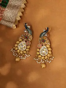 PANASH Gold-Plated Peacock Shaped Stone Studded & Beaded Drop Earrings