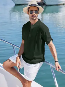 Anouk Green Mandarin Collar Roll-Up Sleeves Straight Short Kurta