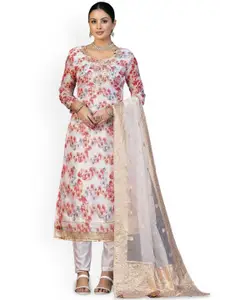 Maroosh Floral Printed Beads and Stones Organza Unstitched Dress Material