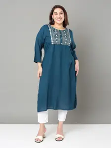 Sztori Plus Size Floral Yoke Design Mirror Work Straight Kurta