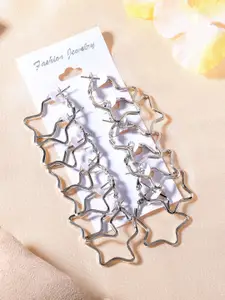 Estele Set Of 6 Rhodium Plated Star Shaped Hoop Earrings