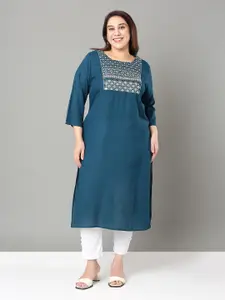 Sztori Plus Size Floral Yoke Design Thread Work Straight Kurta