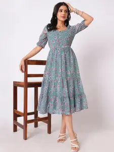 Selvia Floral Print Puff Sleeve Fit & Flare Dress