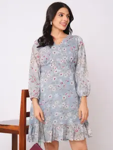 Selvia Floral Printed Puff Sleeve Georgette A-Line Dress